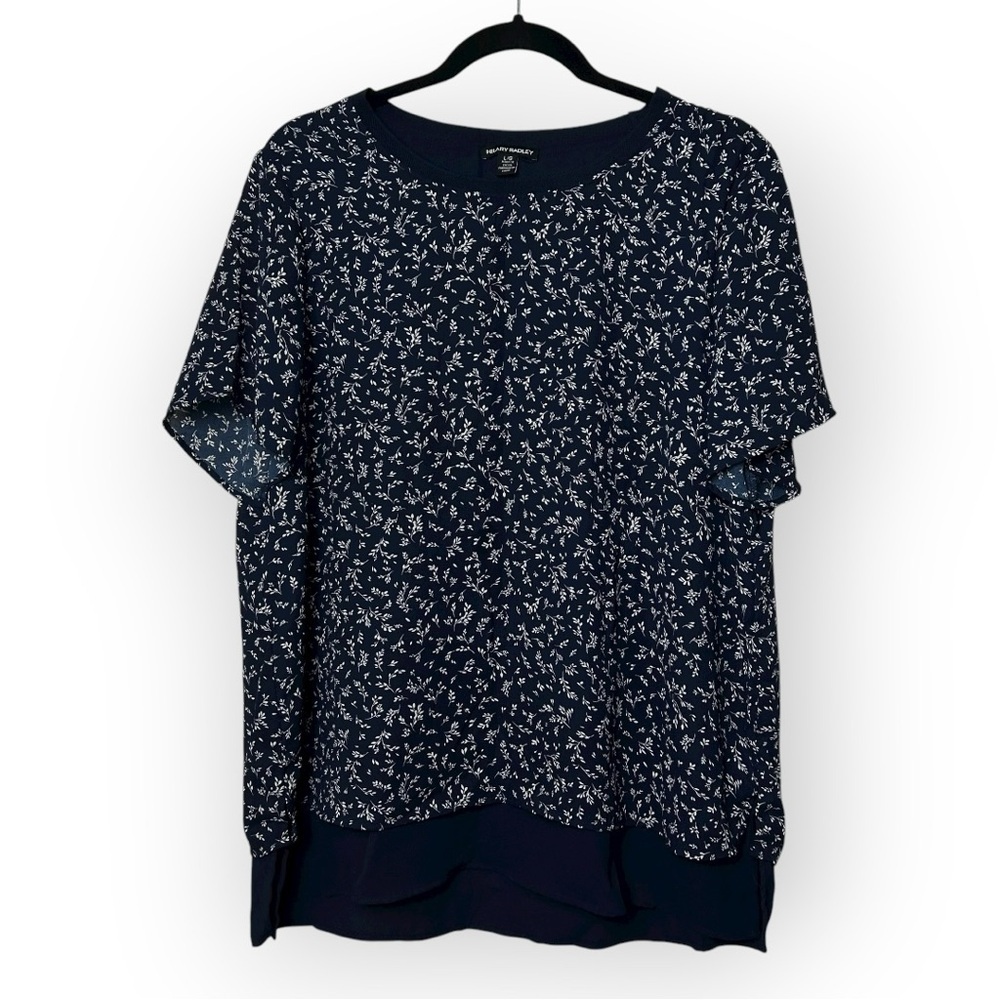 Hilary Radley Navy Blue Floral Blouse L